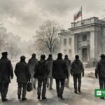 Men walking toward a Russian military enlistment office — Russia military recruitment expansion illustration