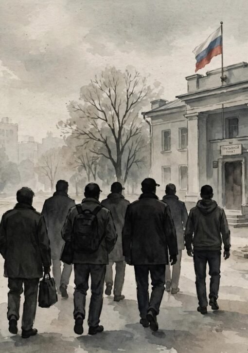 Men walking toward a Russian military enlistment office — Russia military recruitment expansion illustration