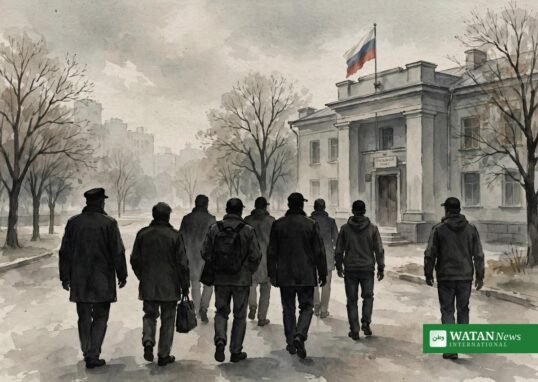 Men walking toward a Russian military enlistment office — Russia military recruitment expansion illustration