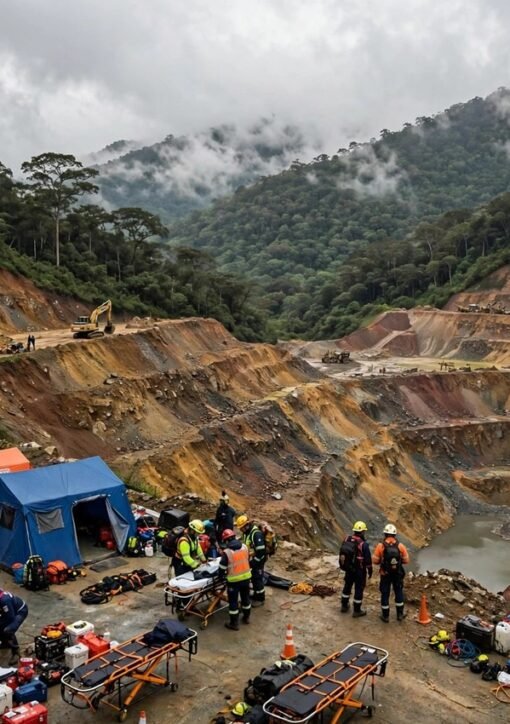 Colombia gold mine collapse rescue scene — emergency response at the illegal mine site in Nariño province
