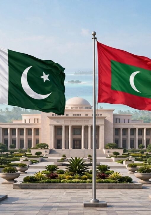Pakistan Maldives trade target — Pakistan and Maldives flags at a government building in Islamabad