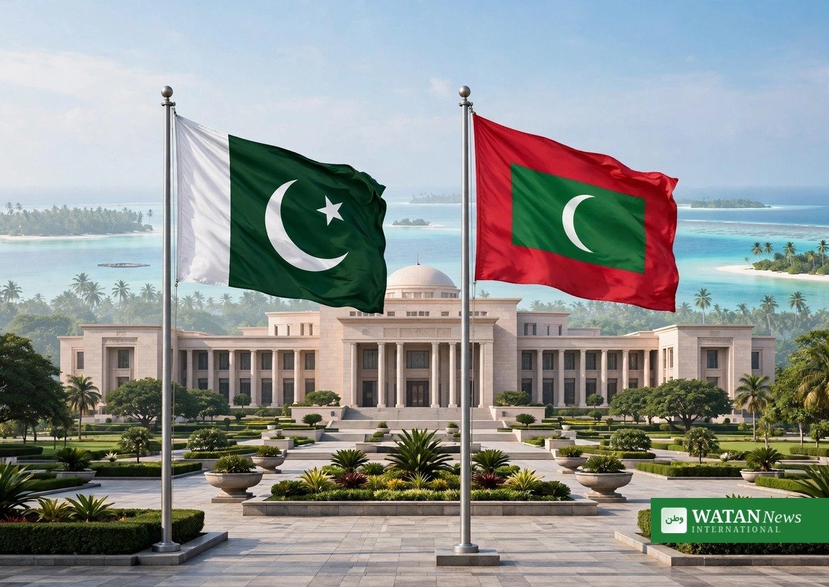 Pakistan Maldives trade target — Pakistan and Maldives flags at a government building in Islamabad