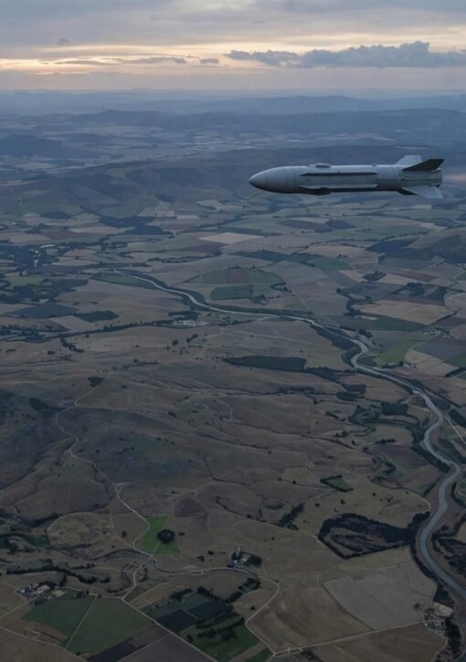 Russia Filin missile in flight over landscape