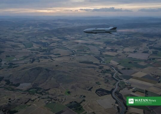 Russia Filin missile in flight over landscape