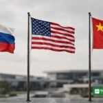 Putin Trump China meeting proposal — flags of Russia, the United States and China