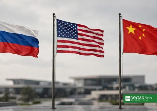 Putin Trump China meeting proposal — flags of Russia, the United States and China