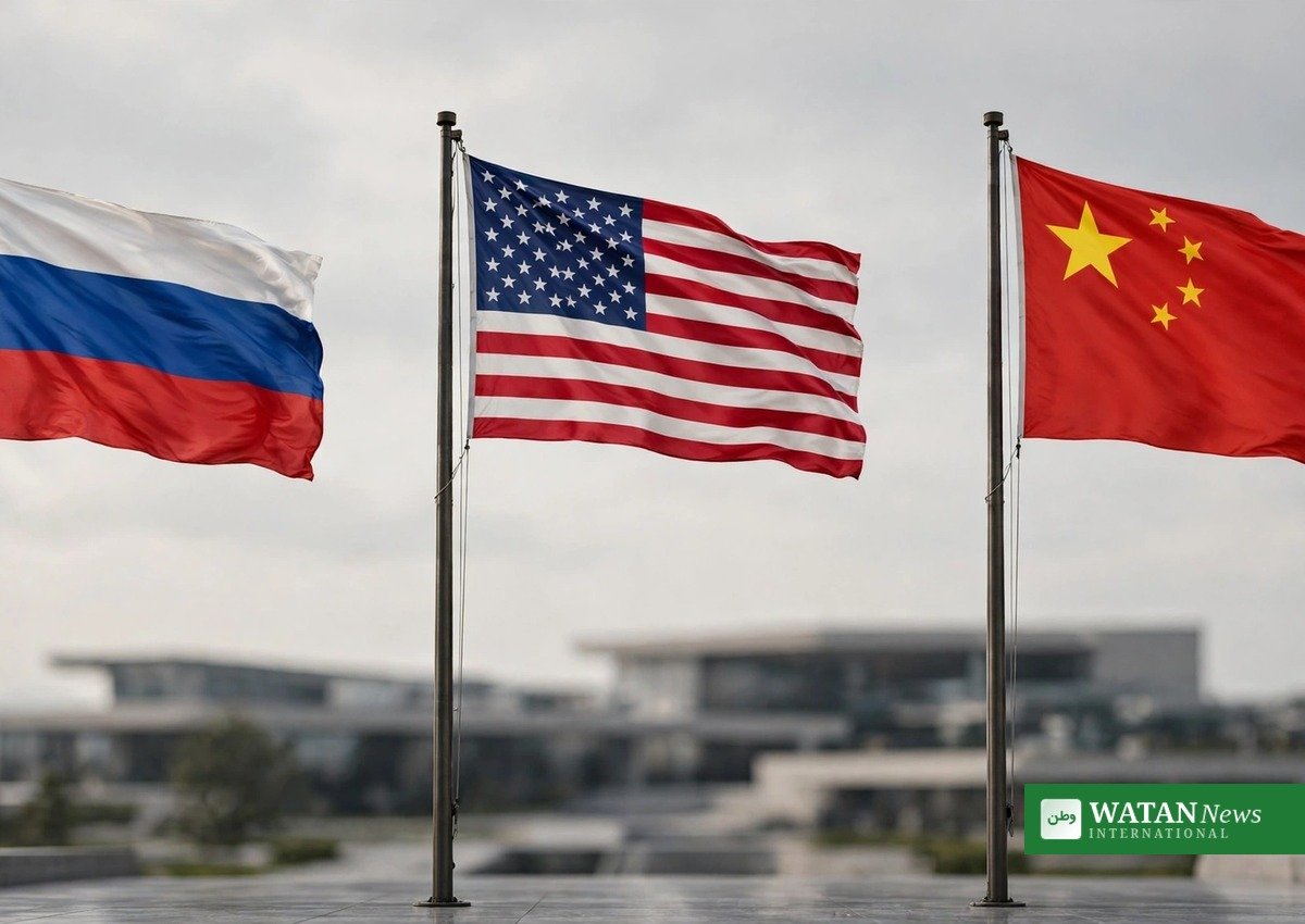 Putin Trump China meeting proposal — flags of Russia, the United States and China
