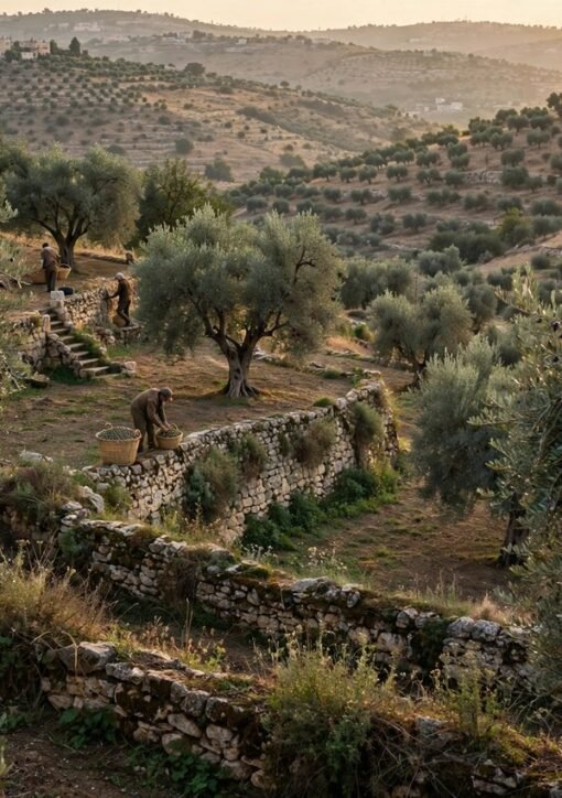 Palestinian farmers harvesting olives in a terraced West Bank olive grove.