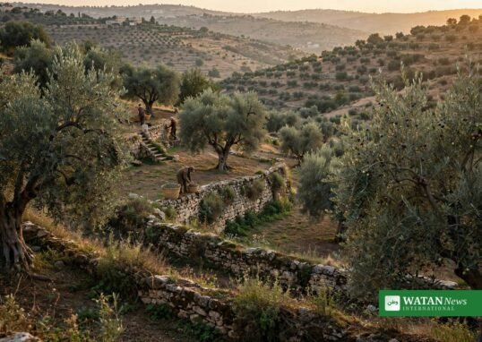 Palestinian farmers harvesting olives in a terraced West Bank olive grove.