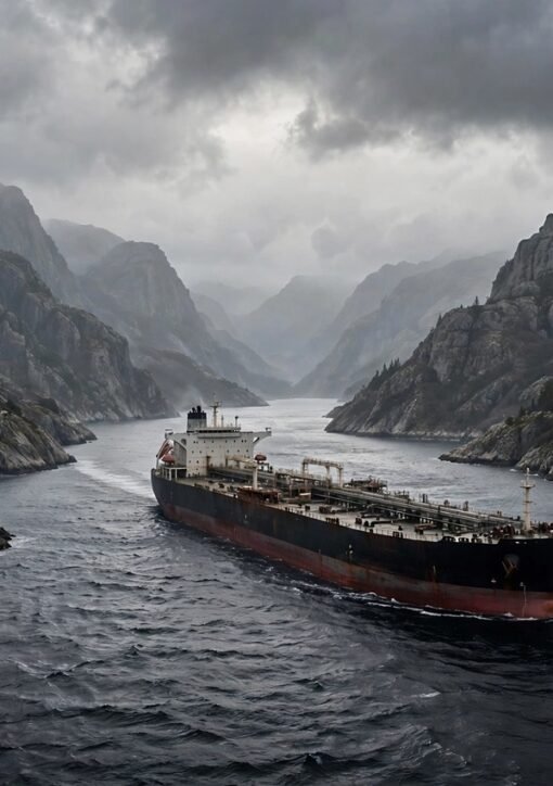 Oil tanker in the Strait of Hormuz after a tanker mine strike
