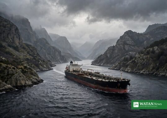 Oil tanker in the Strait of Hormuz after a tanker mine strike
