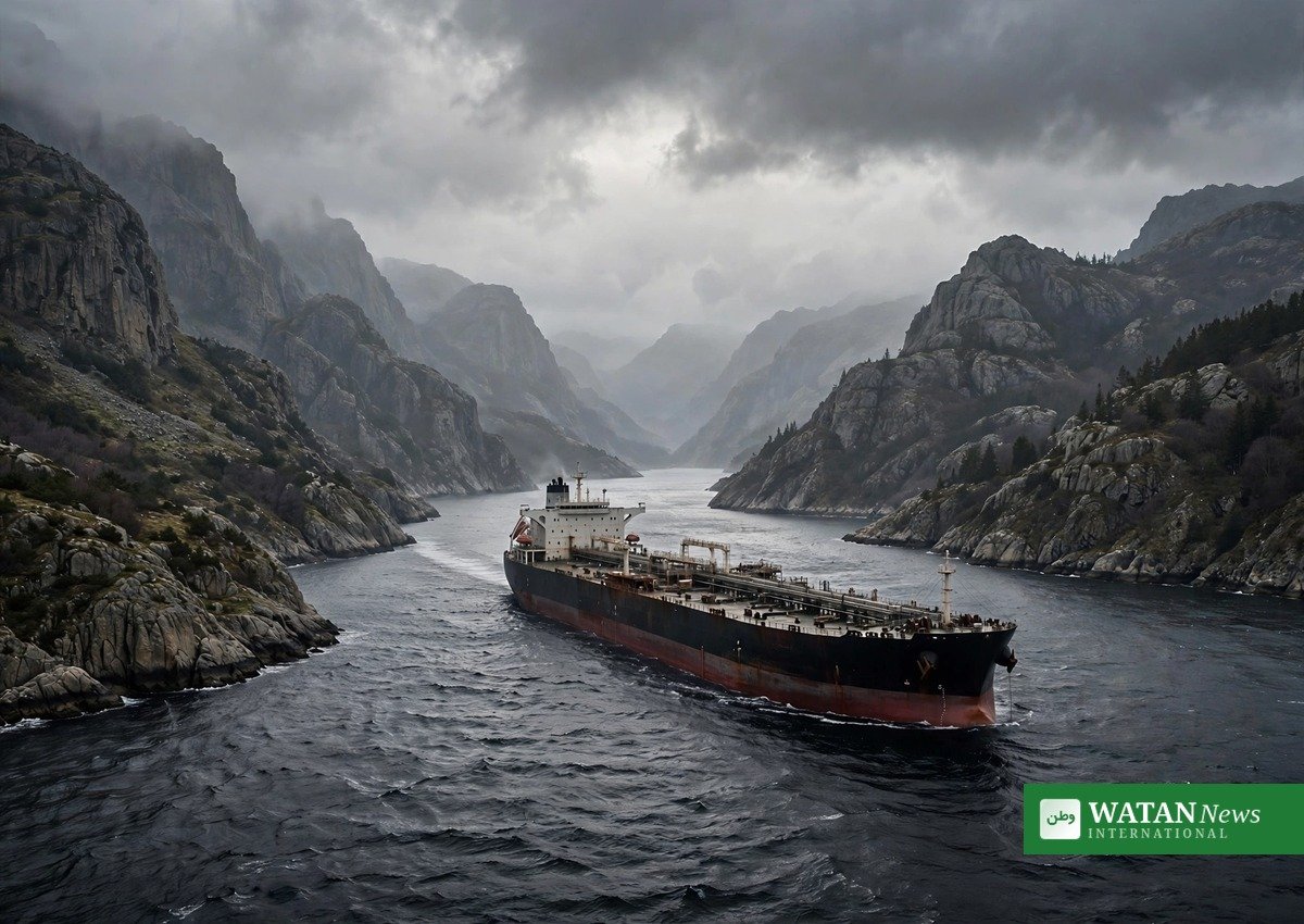 Oil tanker in the Strait of Hormuz after a tanker mine strike