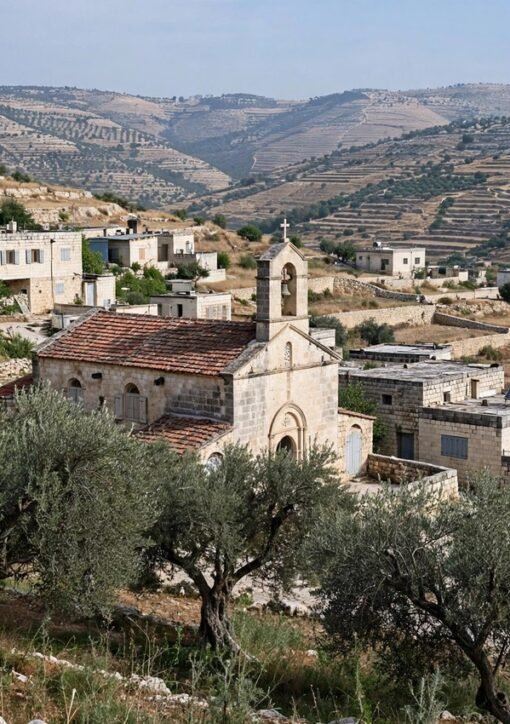 Taybeh settler attacks — stone church and olive groves in the West Bank Palestinian village
