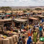 Busy marketplace stalls — Abyei market drone strike in disputed Sudan–South Sudan region.