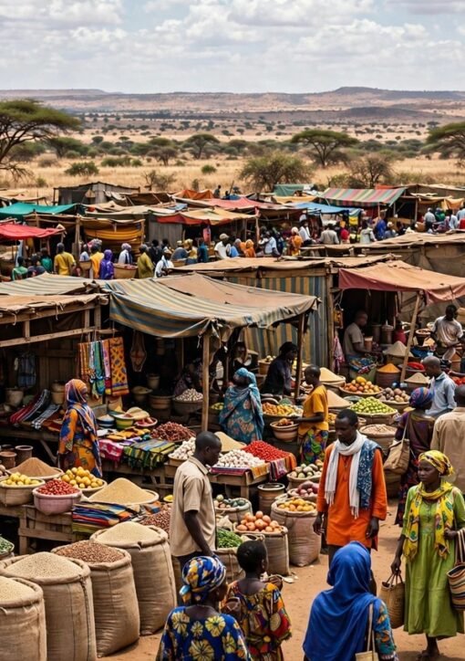 Busy marketplace stalls — Abyei market drone strike in disputed Sudan–South Sudan region.