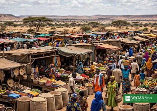 Busy marketplace stalls — Abyei market drone strike in disputed Sudan–South Sudan region.