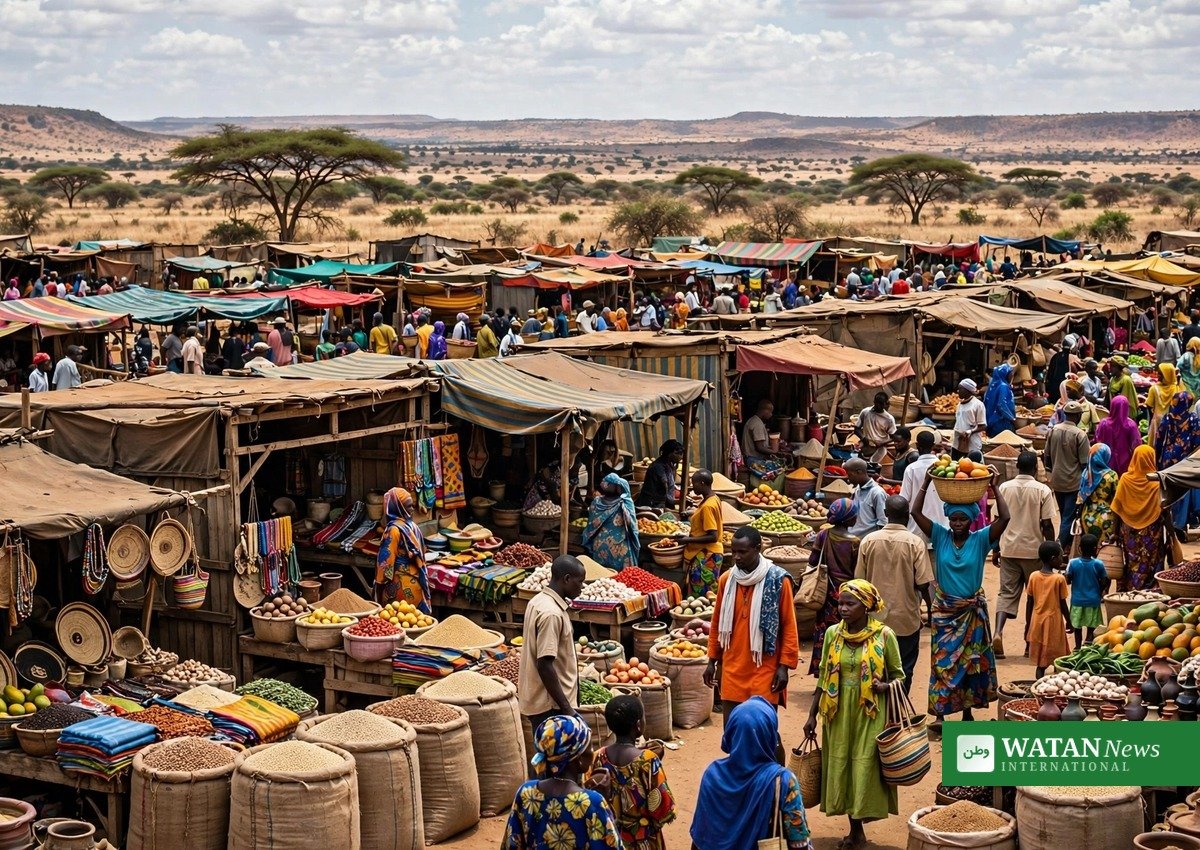 Busy marketplace stalls — Abyei market drone strike in disputed Sudan–South Sudan region.