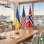 Zelenskiy Witkoff Oslo meeting — diplomatic meeting room in Oslo with Ukrainian, US and Norwegian flags