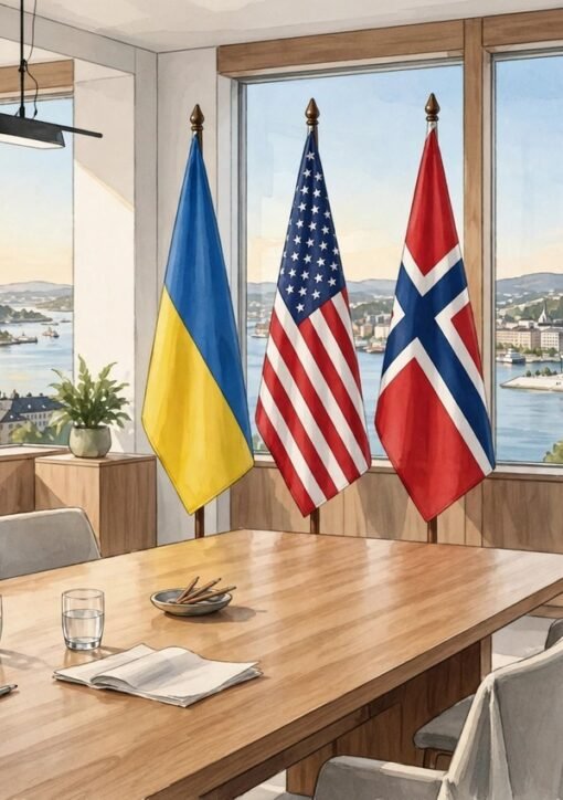 Zelenskiy Witkoff Oslo meeting — diplomatic meeting room in Oslo with Ukrainian, US and Norwegian flags