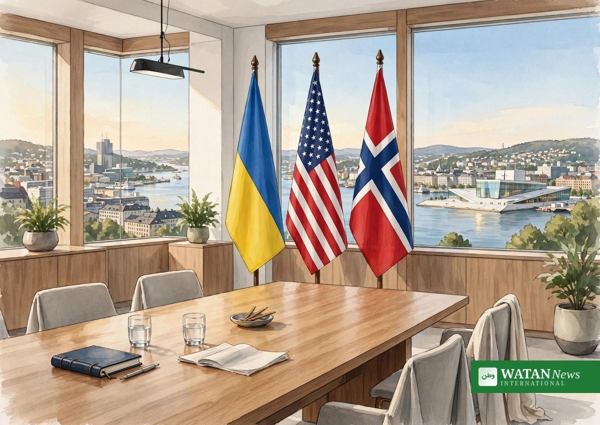Zelenskiy Witkoff Oslo meeting — diplomatic meeting room in Oslo with Ukrainian, US and Norwegian flags