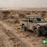 Damaged pickup truck on a dusty road in Borno State, Nigeria, after a deadly convoy attack