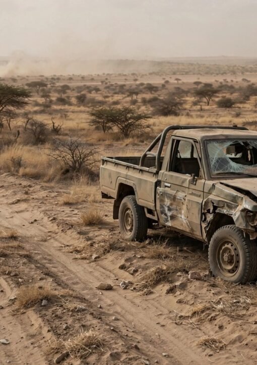 Damaged pickup truck on a dusty road in Borno State, Nigeria, after a deadly convoy attack