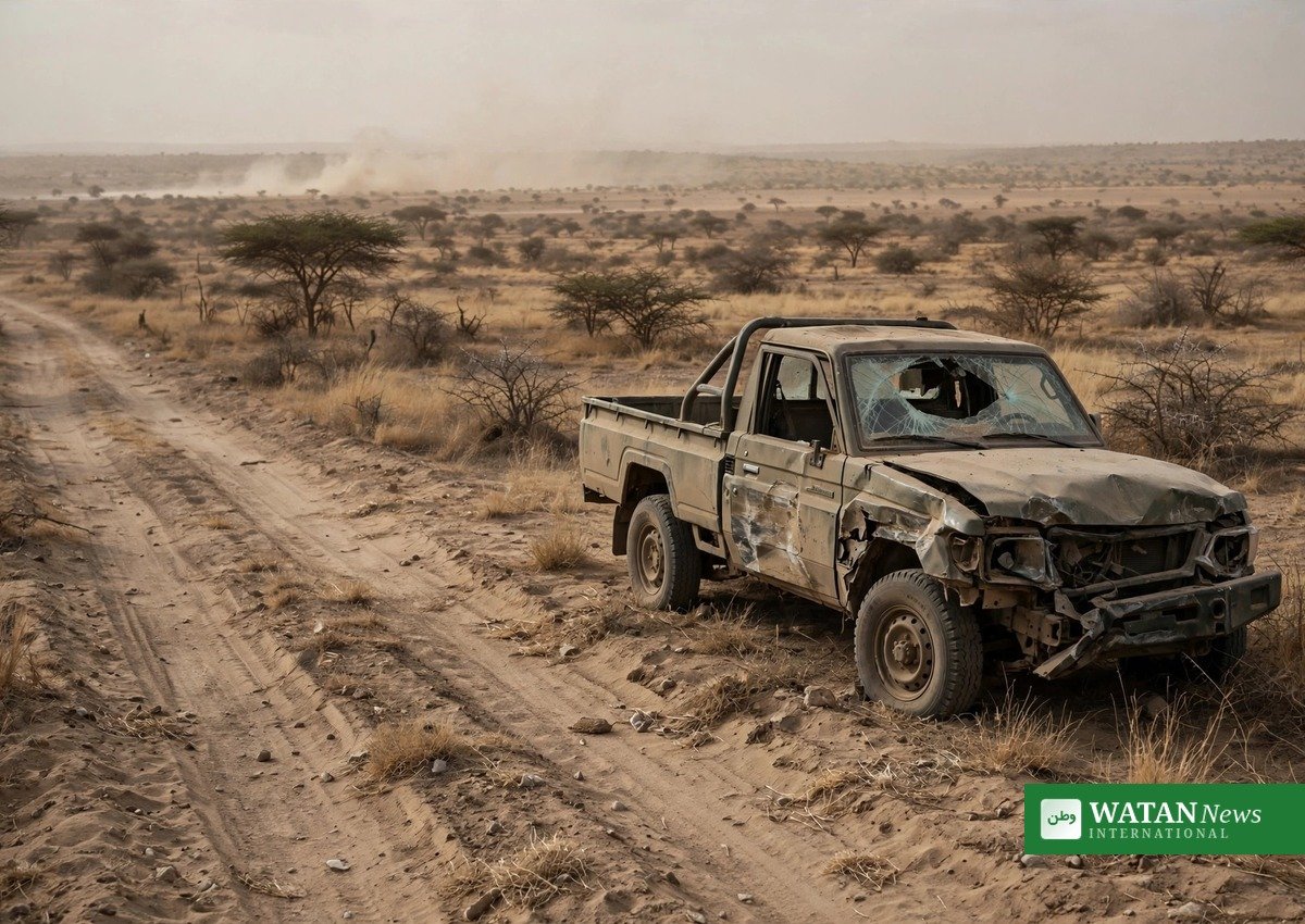 Damaged pickup truck on a dusty road in Borno State, Nigeria, after a deadly convoy attack