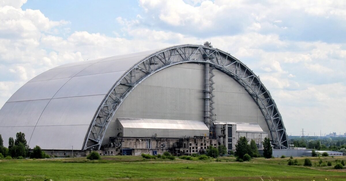New Safe Confinement arch over the Chernobyl nuclear power plant in Ukraine, subject of the Chernobyl repair funding drive