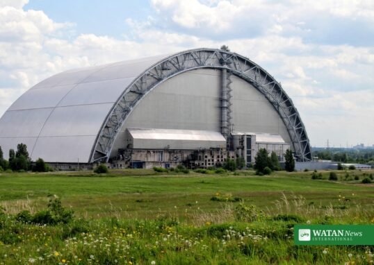 New Safe Confinement arch over the Chernobyl nuclear power plant in Ukraine, subject of the Chernobyl repair funding drive
