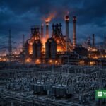 Steelworks and electricity substation in Ukraine at night after claimed Russian strikes on steel plants and power grid