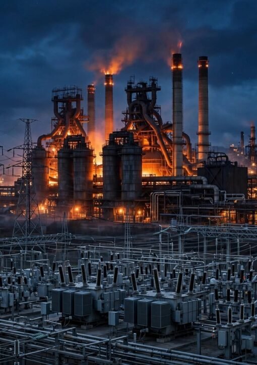 Steelworks and electricity substation in Ukraine at night after claimed Russian strikes on steel plants and power grid