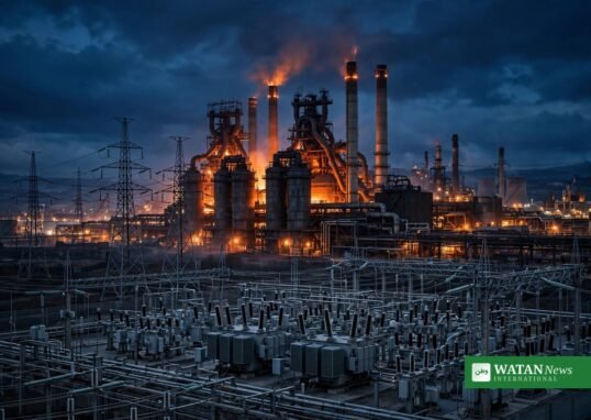 Steelworks and electricity substation in Ukraine at night after claimed Russian strikes on steel plants and power grid