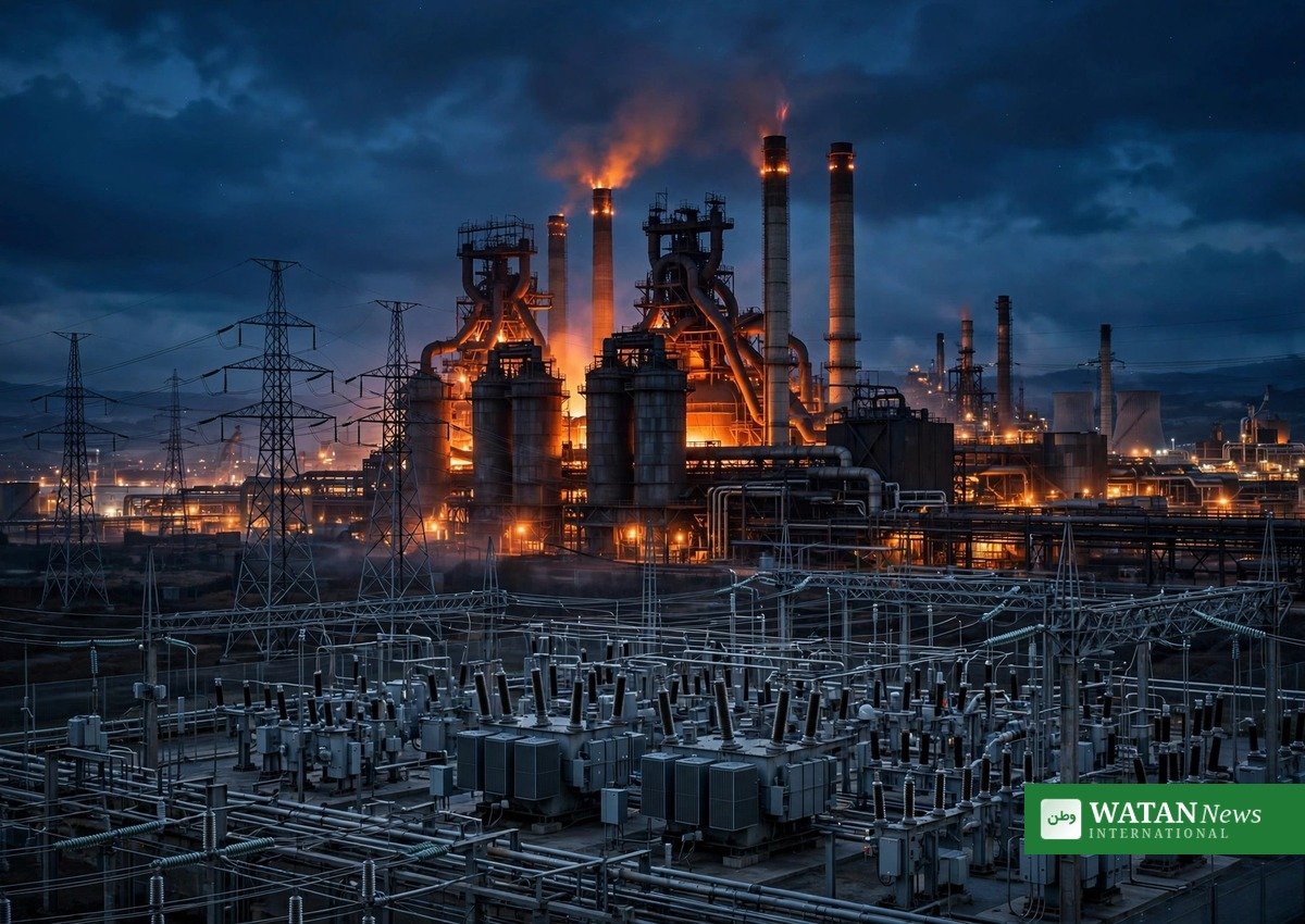 Steelworks and electricity substation in Ukraine at night after claimed Russian strikes on steel plants and power grid