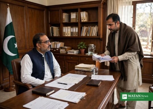 Defense Minister Khawaja Muhammad Asif hears public grievances — citizen presenting documents to the minister at his office desk