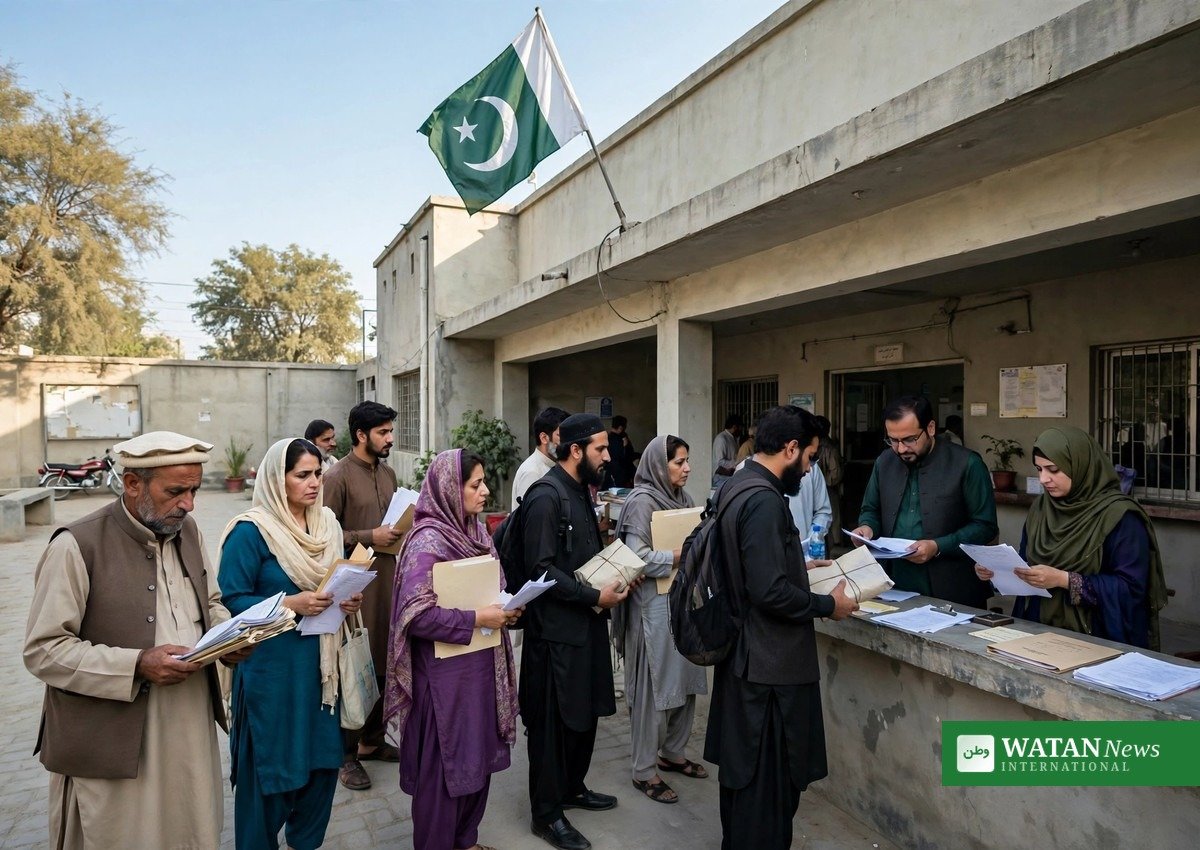 Defense Minister Khawaja Muhammad Asif hears public grievances — citizens queue with documents to submit petitions at a government office in Pakistan