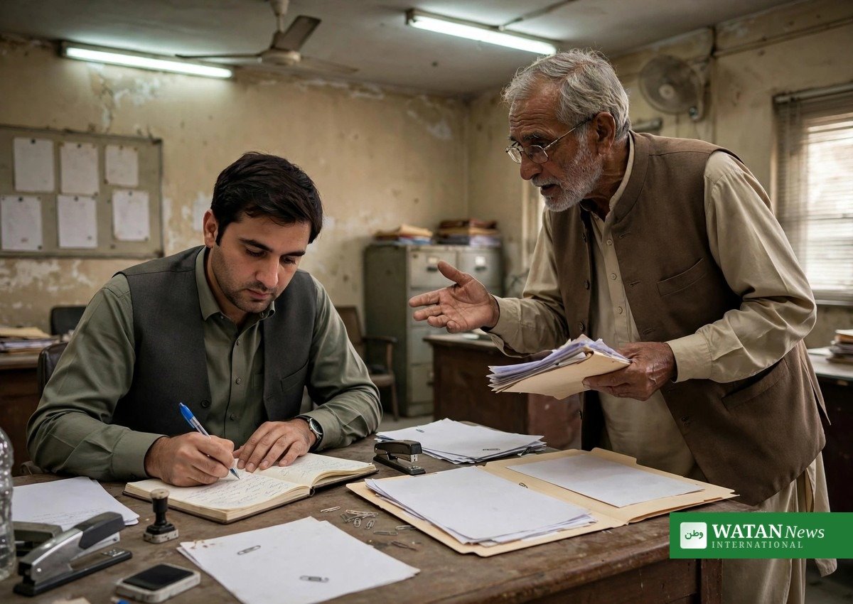 Defense Minister Khawaja Muhammad Asif public grievances — an official records a citizen's complaint at a government office desk