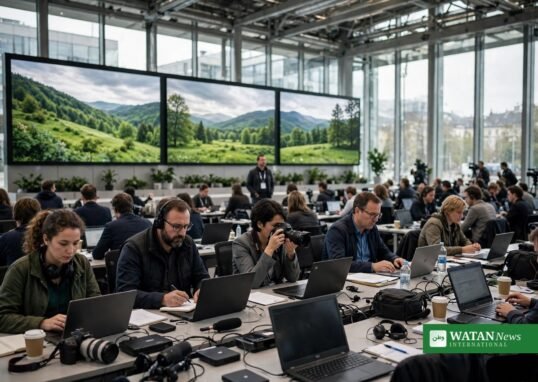 Journalists working in a climate conference media centre ahead of COP31 in Antalya