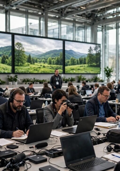 Journalister arbejder i et mediecenter forud for COP31 i Antalya