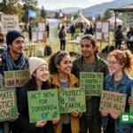 Young climate activists at a summit holding green placards ahead of the COP31 Youth Declaration