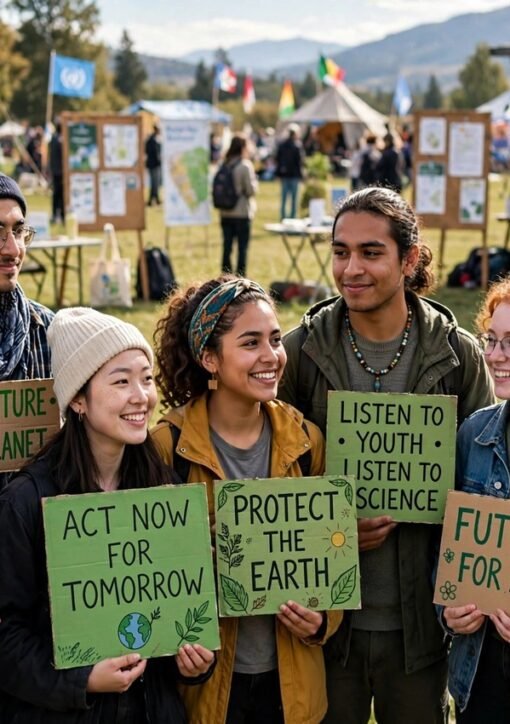 Young climate activists at a summit holding green placards ahead of the COP31 Youth Declaration