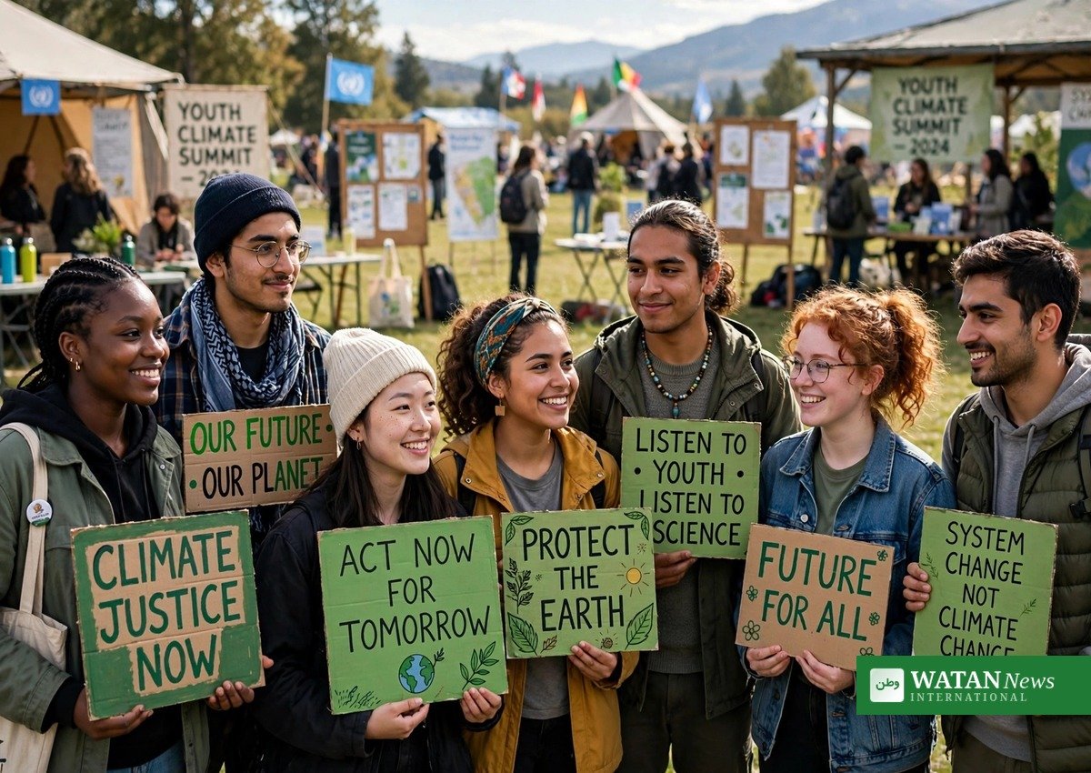 Young climate activists at a summit holding green placards ahead of the COP31 Youth Declaration