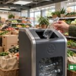 plastaffald klimabevidsthed — hånd lægger en plastikflaske i en genanvendelsesautomat