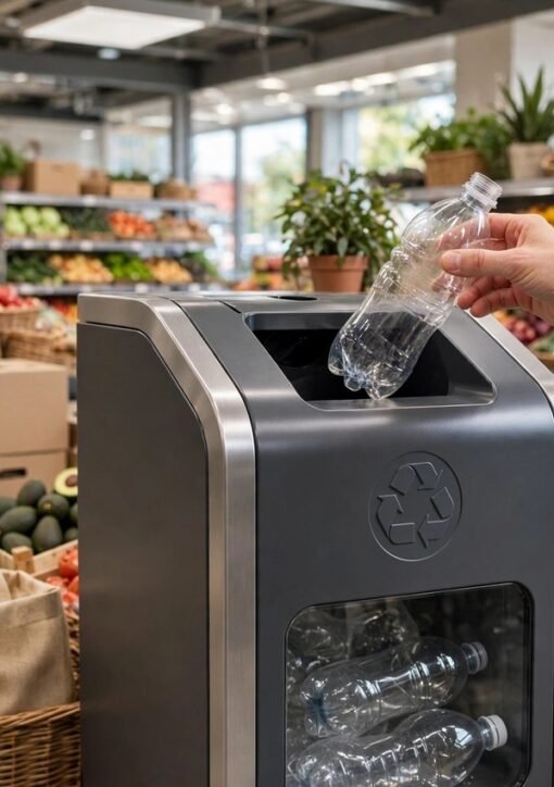 plastaffald klimabevidsthed — hånd lægger en plastikflaske i en genanvendelsesautomat