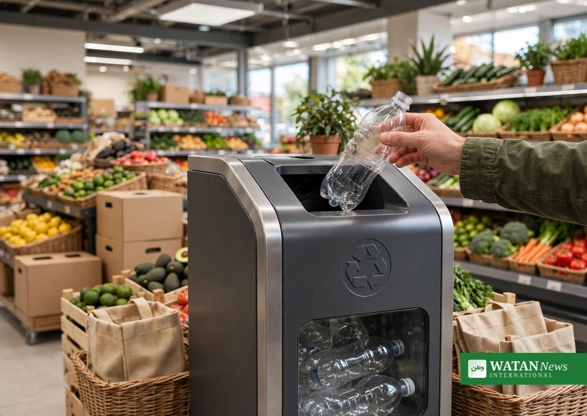 plastaffald klimabevidsthed — hånd lægger en plastikflaske i en genanvendelsesautomat