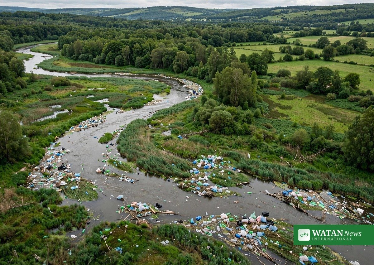 plastaffald klimabevidsthed — plastikflasker og affald, der driver ned ad en flod