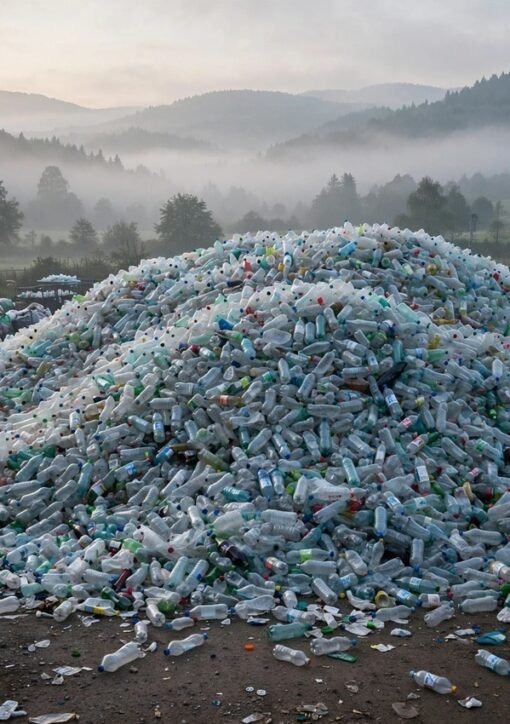 plastic waste climate awareness — mountain of discarded plastic bottles at a recycling collection point