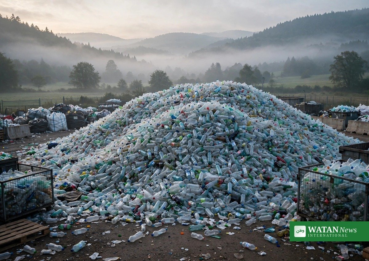 plastic waste climate awareness — mountain of discarded plastic bottles at a recycling collection point