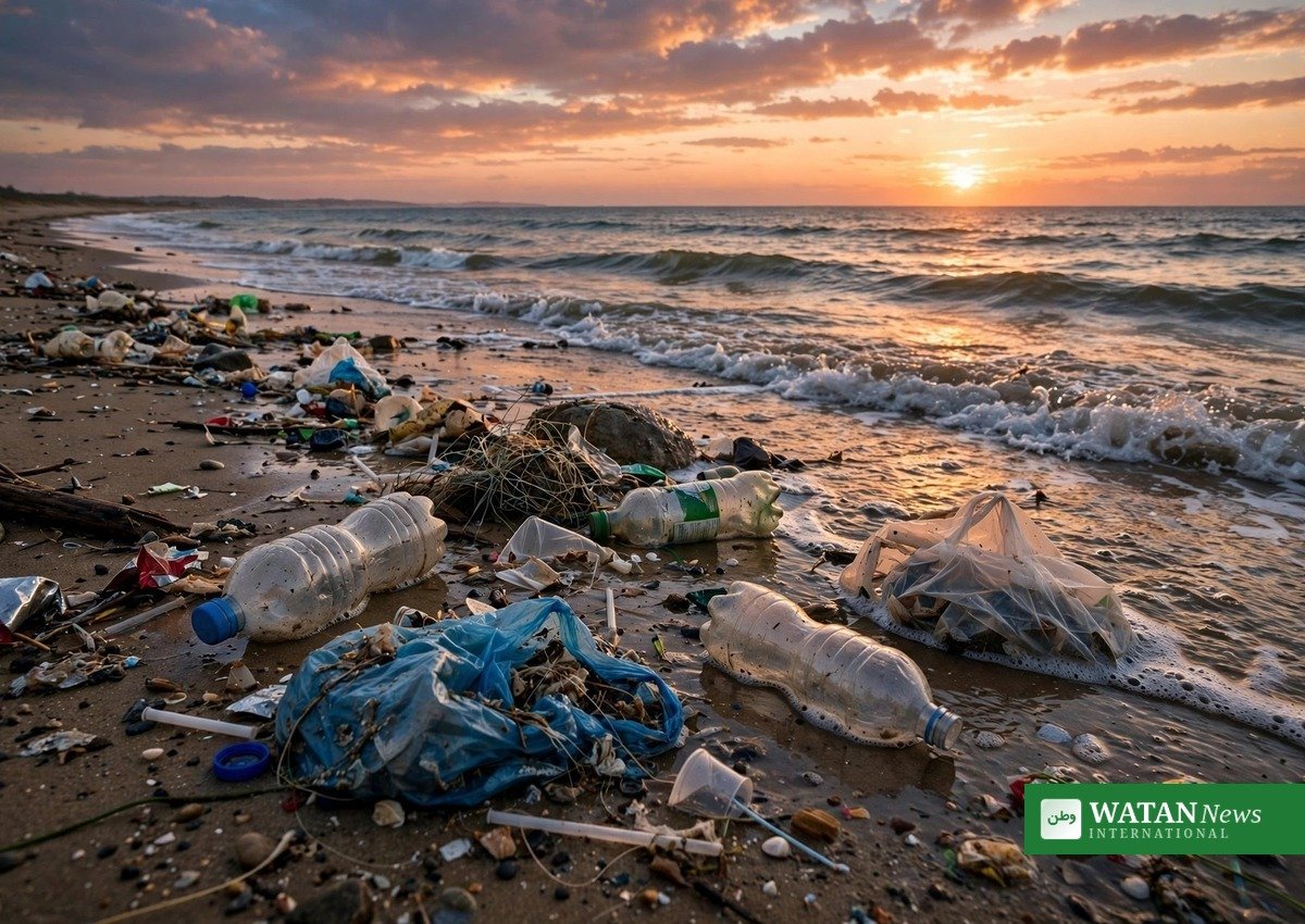 plastic waste climate awareness — plastic bottles and bags washed up on an ocean beach at sunset