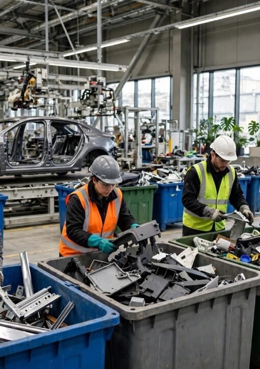 Ford nul-affald 2028 fabriksarbejdere sorterer metalskrot og plast til genbrug