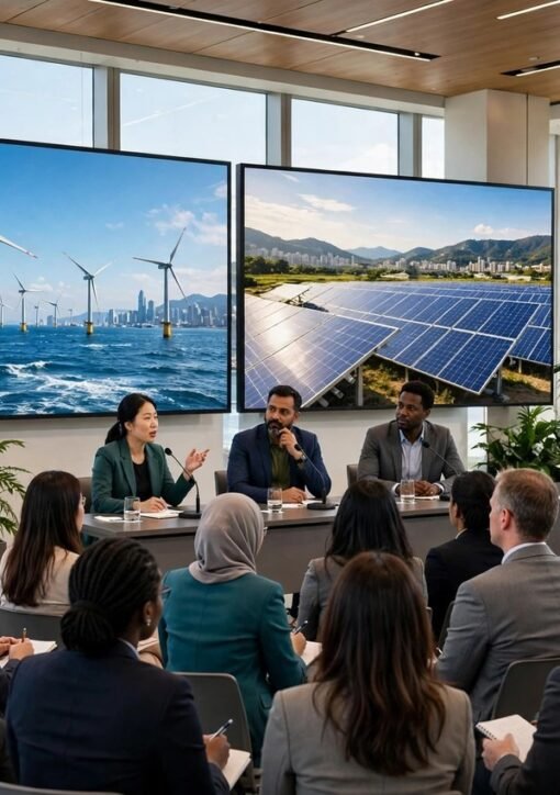 GoImpact Green Tech Summit 2026 Hong Kong climate summit panel with wind turbines and solar panels